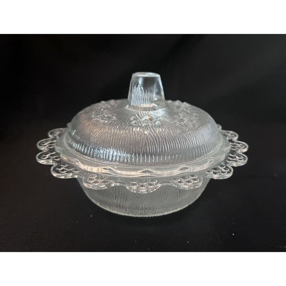 Vintage Covered Candy Dish Clear Glass Beaded Textured Finish Scalloped Rim